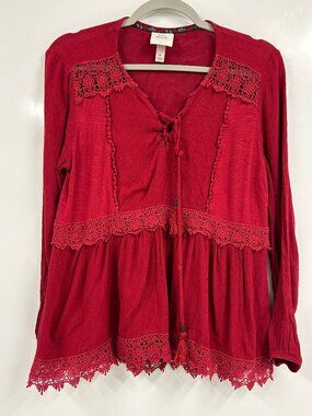 Knox Rose Medium Red Boho Lace Peplum Top Tassel Tie Cottagecore Blouse Festival